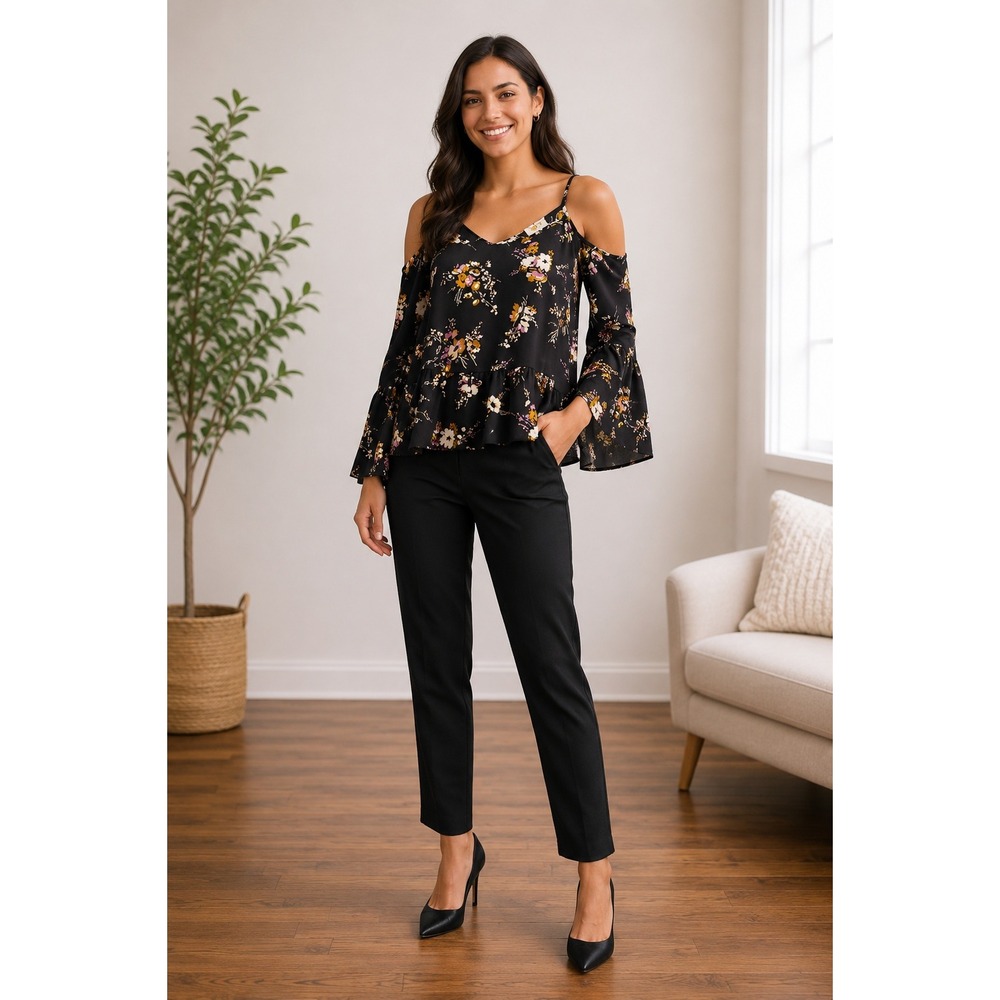 Sienna Sky Brown Floral Cold Shoulder Peplum Bell Sleeve Top Small